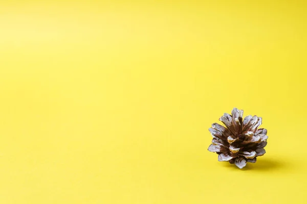 Navidad Concepto Año Nuevo Cono Pino Sobre Fondo Amarillo Copiar — Foto de Stock