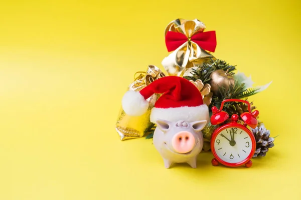 Рождественская Концепция Нового Года Фигура Свиньи Санта Шляпе Дерево Конусы — стоковое фото