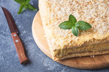 Koyu arka plan üzerine nane ile krem Napoleon yağlı vanilyalı dilim pastayla katmanlı