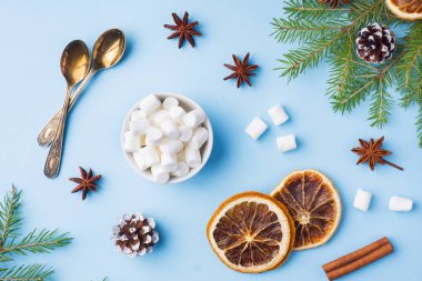 Dekorasyon için Noel kavramı. Gıda portakal fındık baharat çam kozalakları Noel ağacı kopya alanı pastel mavi zemin üzerine