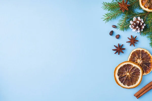 Dekorasyon için Noel kavramı. Gıda portakal fındık baharat çam kozalakları Noel ağacı kopya alanı pastel mavi zemin üzerine