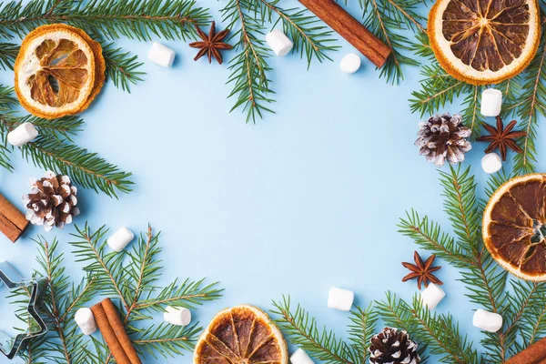 크리스마스 개념에 장식입니다 파스텔 공간에 오렌지 견과류 향신료 소나무 크리스마스 — 스톡 사진
