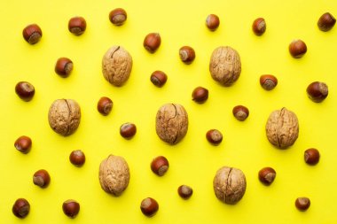 Ceviz ve fındık Noel arka plan. Sarı arka plan düz lay