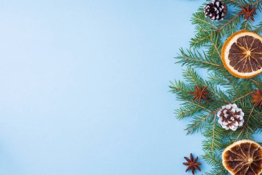 Dekorasyon için Noel kavramı. Gıda portakal fındık baharat çam kozalakları Noel ağacı kopya alanı pastel mavi zemin üzerine
