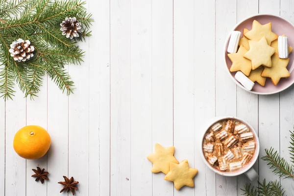 Karácsonyi Összetétele Forró Csokoládé Cookie Kat Fenyő Ágak Fahéjat Csillag — Stock Fotó