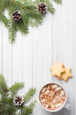 Noel kompozisyon. Sıcak çikolata kurabiye, Çamın dalları, tarçın, Anason yıldız. Noel, kış konsepti. Düz yatıyordu üstten görünüm