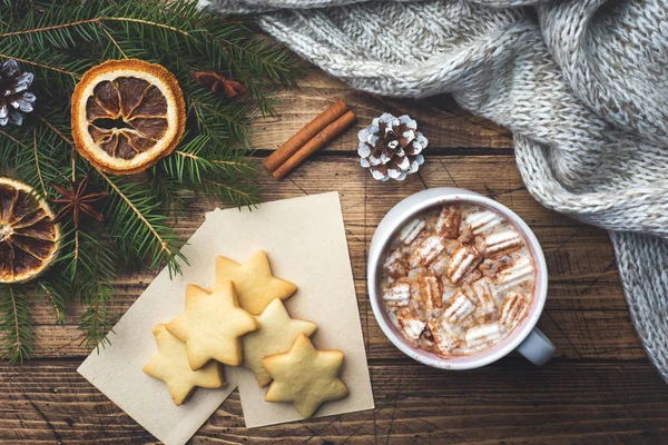 Karácsonyi Összetétele Forró Csokoládé Cookie Kat Fenyő Ágak Fahéjat Csillag — Stock Fotó