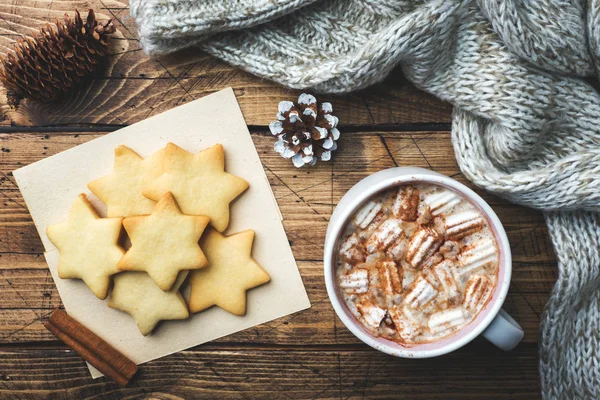 Karácsonyi Összetétele Forró Csokoládé Cookie Kat Fenyő Ágak Fahéjat Csillag — Stock Fotó