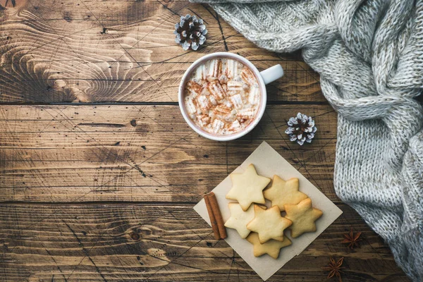 Karácsonyi Összetétele Forró Csokoládé Cookie Kat Fenyő Ágak Fahéjat Csillag — Stock Fotó