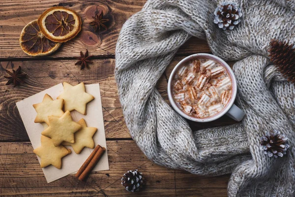 Karácsonyi Összetétele Forró Csokoládé Cookie Kat Fenyő Ágak Fahéjat Csillag — Stock Fotó
