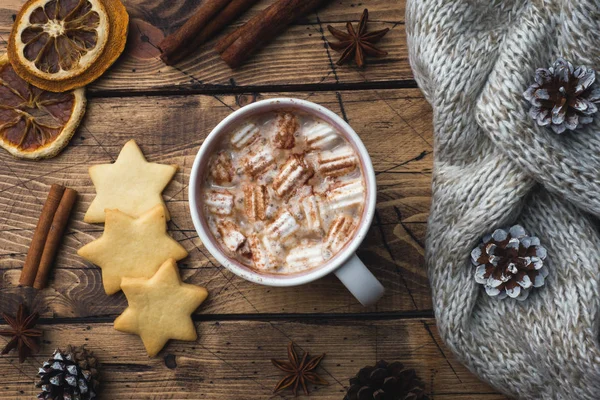 Composition Noël Chocolat Chaud Biscuits Branches Pin Bâtonnets Cannelle Étoiles — Photo