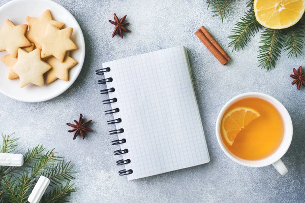 Csésze Tea Cookie Kat Fenyő Ágak Fahéjat Csillag Ánizs Karácsony — Stock Fotó