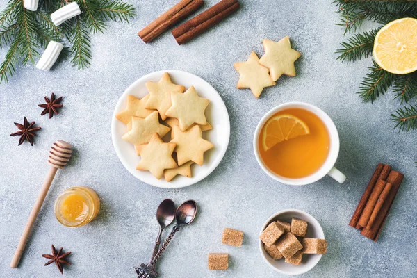 Csésze Tea Cookie Kat Fenyő Ágak Fahéjat Csillag Ánizs Karácsony — Stock Fotó