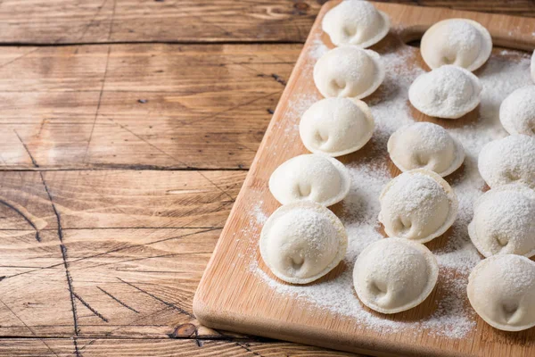 Raw Dumplings Wooden Chopping Board Kitchen Copy Space — Stock Photo, Image