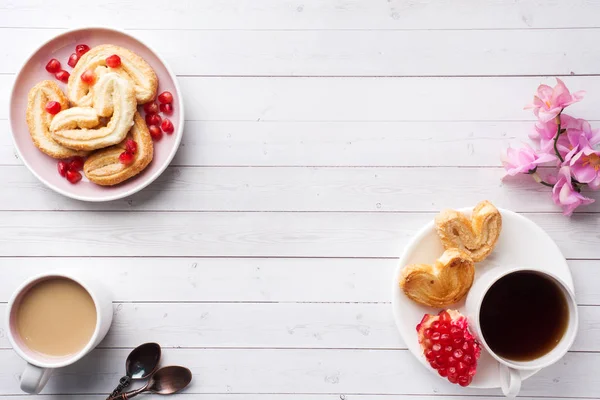 San Valentín Concepto Desayuno Taza Del Café Las Galletas Los — Foto de Stock