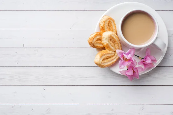 San Valentín Concepto Desayuno Taza Del Café Las Galletas Los — Foto de Stock