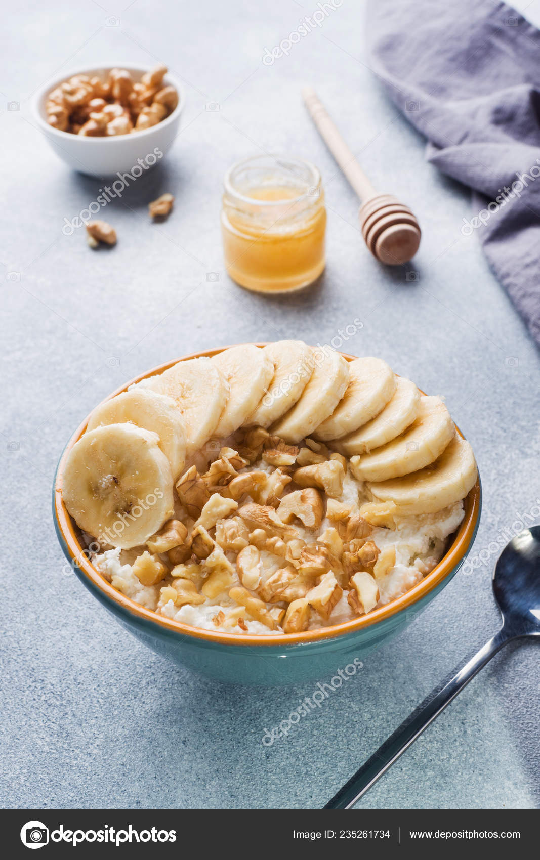 Healthy Breakfast Cottage Cheese Banana Walnuts Grey Background