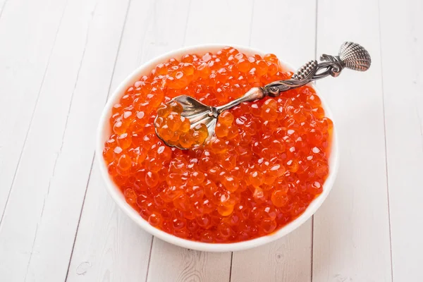 Red Salmon Caviar Plate White Table — Stock Photo, Image