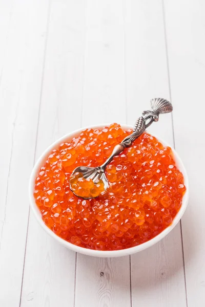 Red Salmon Caviar Plate White Table — Stock Photo, Image