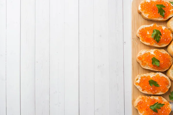 Sandwiches Red Salmon Caviar Wooden Board White Table Top — Stock Photo, Image