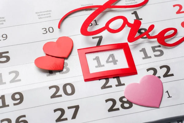 Calendario Del Febrero Concepto San Valentín Corazones Rojos Amor Palabras — Foto de Stock