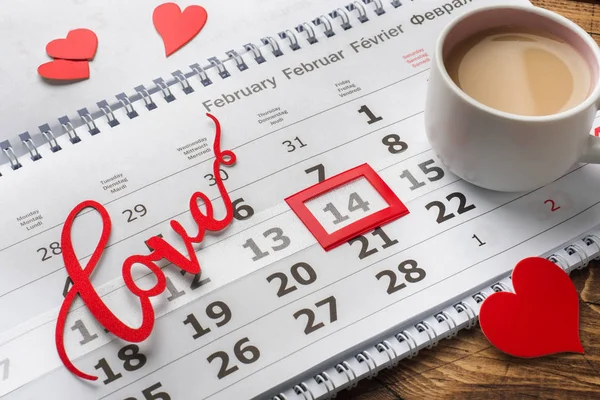 Calendario Del Febrero Concepto San Valentín Corazones Rojos Palabra Amor — Foto de Stock