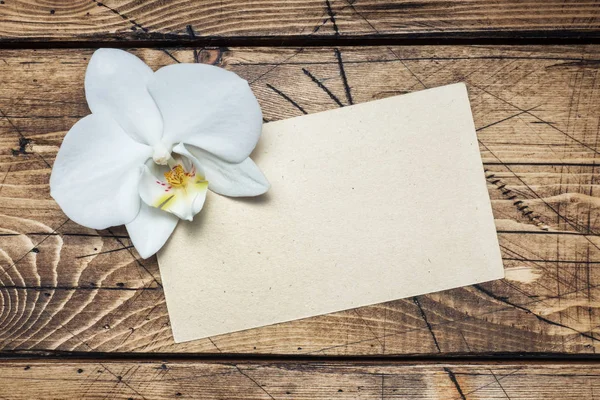 Orchid Flower Form Text Wooden Table Concept Romance Mood Copy — Stock Photo, Image