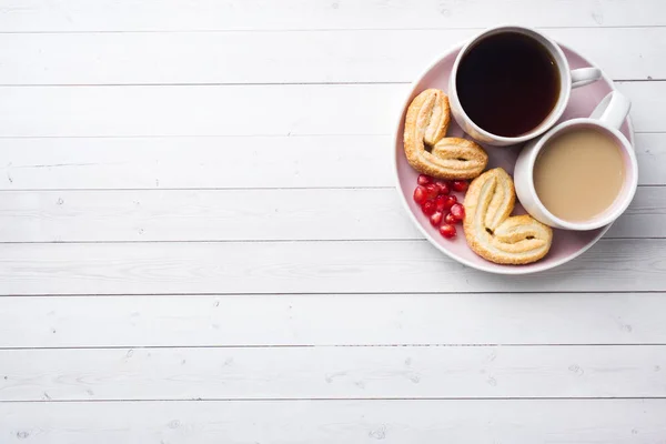 Den Svatého Valentýna Koncept Snídaně Šálek Kávy Soubory Cookie Srdce — Stock fotografie