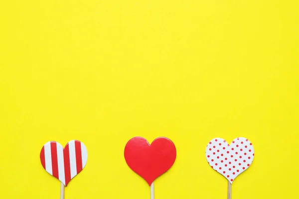 Valentines Day Concept Red Hearts Yellow Background Copy Space — Stock Photo, Image