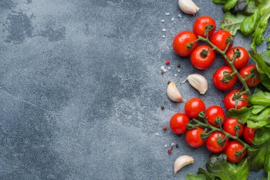 Kiraz domates ile baharat kopya alanı karanlık taş masa üst görünümüyle bir dal taze otlar ve sarımsak karanfil