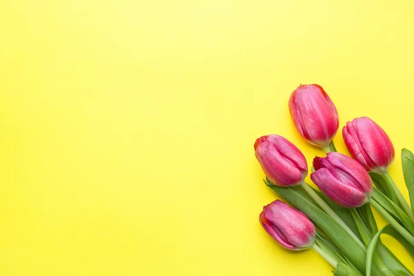 Ramo Tulipanes Púrpura Brillante Sobre Fondo Amarillo Copiar Espacio — Foto de Stock