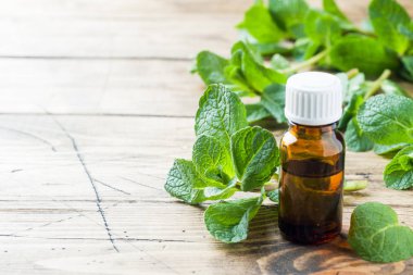 Ahşap zemin üzerine nane ile temel aroma yağı. Seçici odak, kopya alanı.