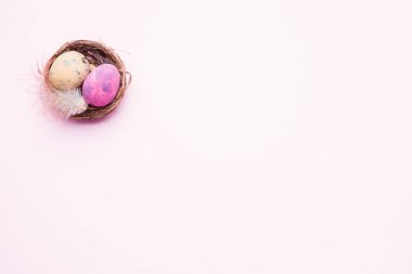 Yuvaya kopya alanı ile pembe arka plan üzerinde renkli Paskalya yumurtası. Paskalya arka plan. Minimalizm