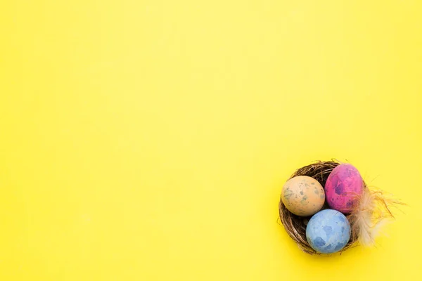 Kolorowe pisanki w gnieździe na żółtym tle z miejsca kopii. Tło Wielkanoc. Minimalizm — Zdjęcie stockowe