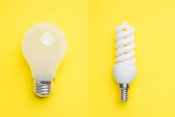 Set of light bulbs energy saving and no on yellow background. Selective focus