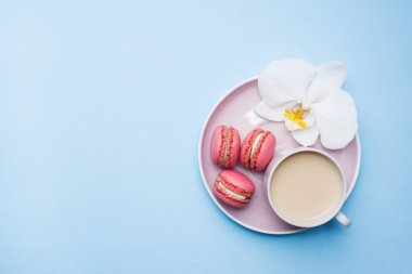 Konsept sabah kahvaltısı. Mavi pastel arka plan üzerinde kahve makarna kurabiye fincan. Düz döşeme stili.