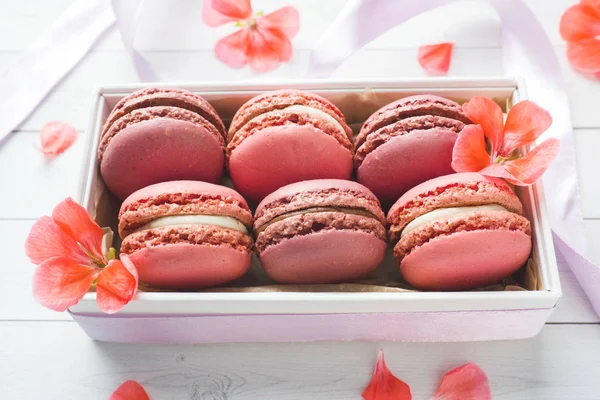 Rosa Dessert Macaron oder Makronen in einer Schachtel auf weißem Hintergrund. Kopierraum. — Stockfoto