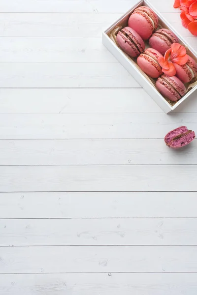 Rosa Dessert Macaron oder Makronen in einer Schachtel auf weißem Hintergrund. Kopierraum. — Stockfoto