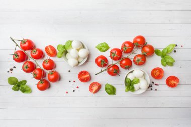 Caprese salatası için malzemeler. Fesleğen, mozzarella topları ve kopya alanı ile beyaz bir arka plan üzerinde domates.