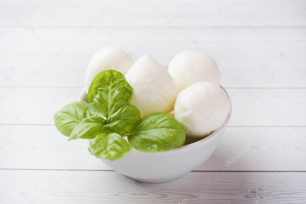 Mozzarella balls and Basil in the dish, selective focus