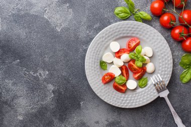 Domates Caprese salatası, mozzarella peyniri ve fesleğen koyu bir arka plan üzerinde. İtalyan mutfağı. Kopyalama alanı