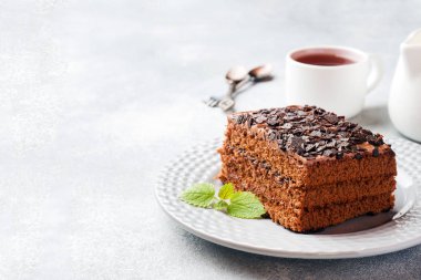 Gri beton arka planda çikolatalı bir parça mantarlı kek. Boşluğu kopyala