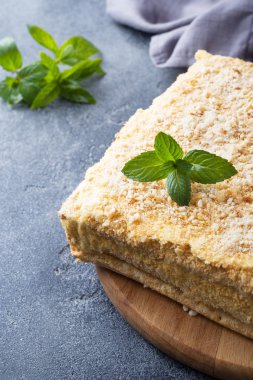 Koyu arka plan üzerine nane ile krem Napoleon yağlı vanilyalı dilim pastayla katmanlı.