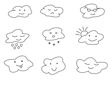 Bulutlar gülen farklı simgeler. Kontur siyah vektör beyaz.