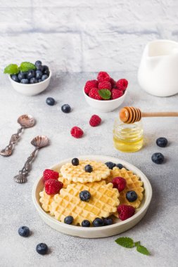Beton bir arka plan üzerinde taze ahududu ve yaban mersini ile oluklu waffle çerezleri. Kopyalama alanı.