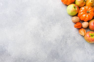 Sarı yaprakları, kabak elma armut ve fındık ile Sonbahar arka plan. Kopyalama alanı.