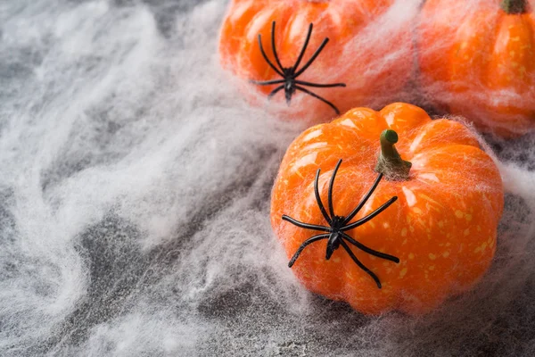 Halloween a hátteret a színes tök és pók weben. — Stock Fotó