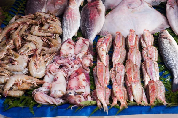 Pesce crudo fresco sul bancone del mercato di strada . — Foto Stock