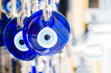 Turkish souvenir eyes in the market of Istanbul. Eastern traditional mascot.
