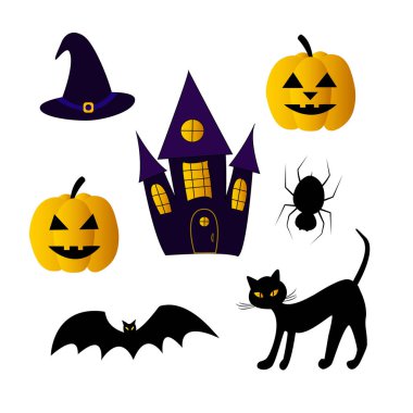 Cadılar Bayramı için renkli vektör çizimleri kümesi. Ev kabak spid